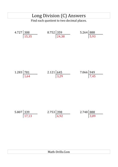 The European Long Division with a 3-Digit Divisor and a 4-Digit Dividend with Decimal Quotients (C) Math Worksheet Page 2