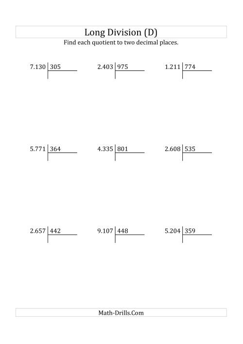 The European Long Division with a 3-Digit Divisor and a 4-Digit Dividend with Decimal Quotients (D) Math Worksheet