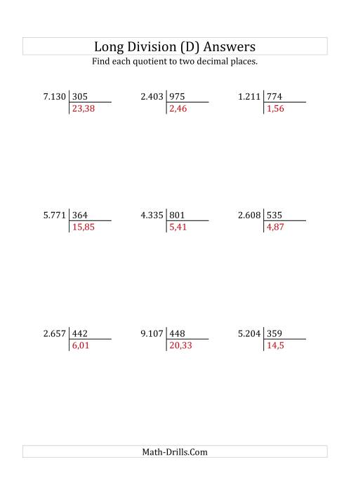 The European Long Division with a 3-Digit Divisor and a 4-Digit Dividend with Decimal Quotients (D) Math Worksheet Page 2