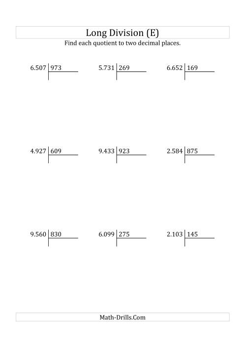 The European Long Division with a 3-Digit Divisor and a 4-Digit Dividend with Decimal Quotients (E) Math Worksheet