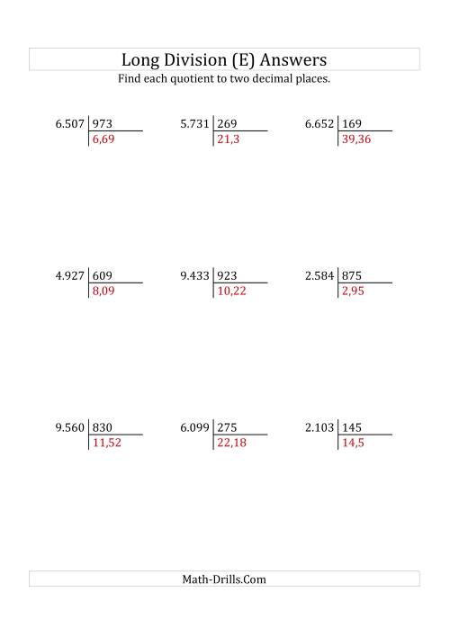The European Long Division with a 3-Digit Divisor and a 4-Digit Dividend with Decimal Quotients (E) Math Worksheet Page 2