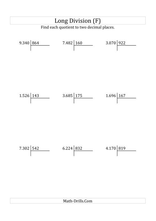 The European Long Division with a 3-Digit Divisor and a 4-Digit Dividend with Decimal Quotients (F) Math Worksheet