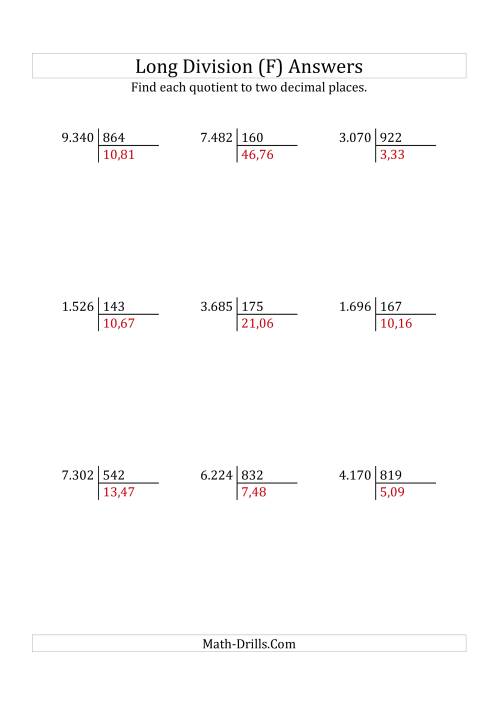 The European Long Division with a 3-Digit Divisor and a 4-Digit Dividend with Decimal Quotients (F) Math Worksheet Page 2