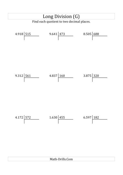 The European Long Division with a 3-Digit Divisor and a 4-Digit Dividend with Decimal Quotients (G) Math Worksheet