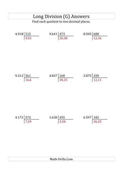 The European Long Division with a 3-Digit Divisor and a 4-Digit Dividend with Decimal Quotients (G) Math Worksheet Page 2