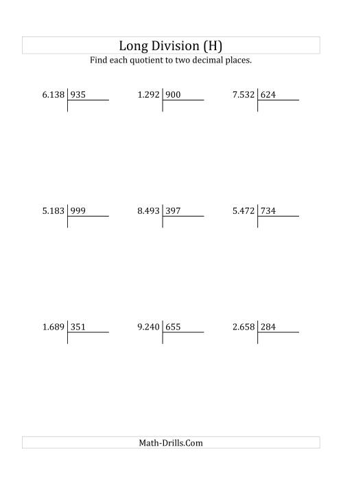 The European Long Division with a 3-Digit Divisor and a 4-Digit Dividend with Decimal Quotients (H) Math Worksheet