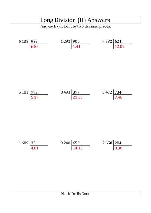 The European Long Division with a 3-Digit Divisor and a 4-Digit Dividend with Decimal Quotients (H) Math Worksheet Page 2