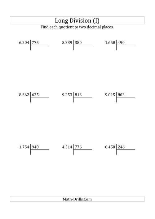 The European Long Division with a 3-Digit Divisor and a 4-Digit Dividend with Decimal Quotients (I) Math Worksheet