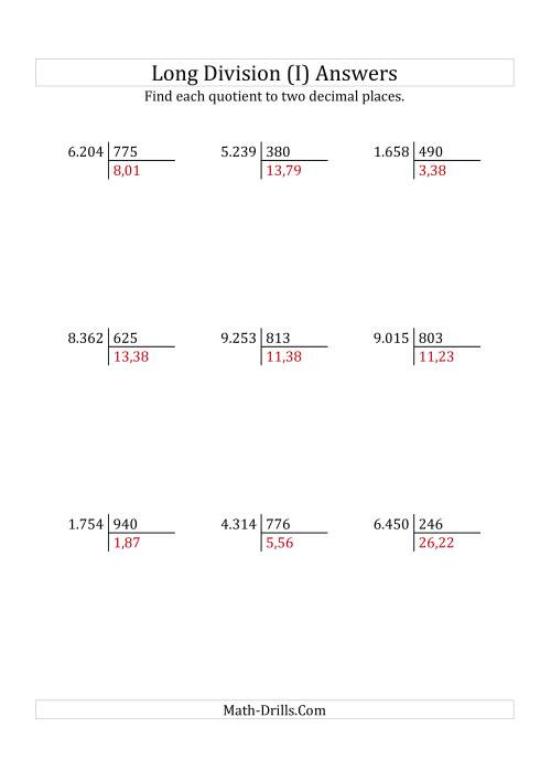 The European Long Division with a 3-Digit Divisor and a 4-Digit Dividend with Decimal Quotients (I) Math Worksheet Page 2