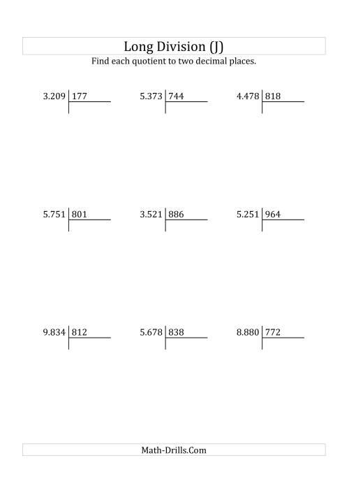 The European Long Division with a 3-Digit Divisor and a 4-Digit Dividend with Decimal Quotients (J) Math Worksheet