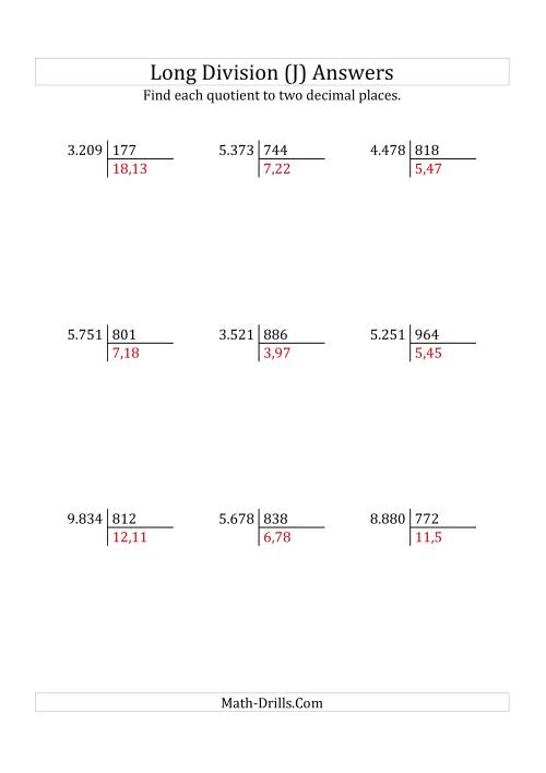 The European Long Division with a 3-Digit Divisor and a 4-Digit Dividend with Decimal Quotients (J) Math Worksheet Page 2