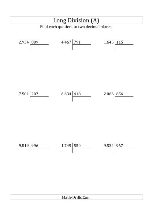 The European Long Division with a 3-Digit Divisor and a 4-Digit Dividend with Decimal Quotients (All) Math Worksheet