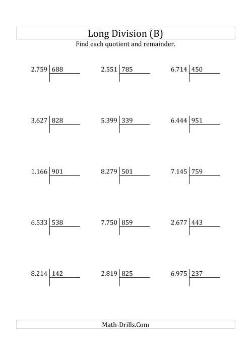 The European Long Division with a 3-Digit Divisor and a 4-Digit Dividend with Remainders (B) Math Worksheet
