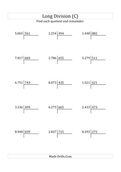 The European Long Division with a 3-Digit Divisor and a 4-Digit Dividend with Remainders (C) Math Worksheet