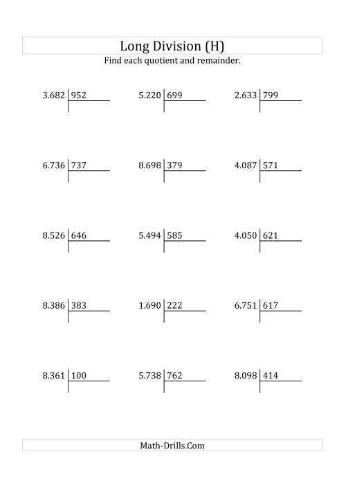 The European Long Division with a 3-Digit Divisor and a 4-Digit Dividend with Remainders (H) Math Worksheet