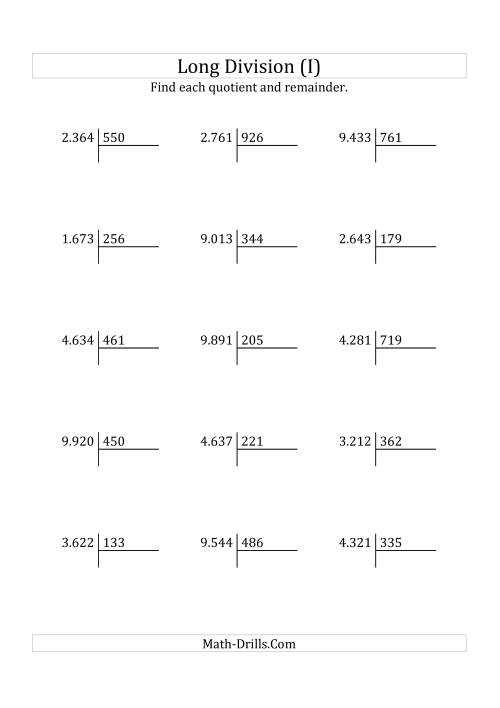 The European Long Division with a 3-Digit Divisor and a 4-Digit Dividend with Remainders (I) Math Worksheet