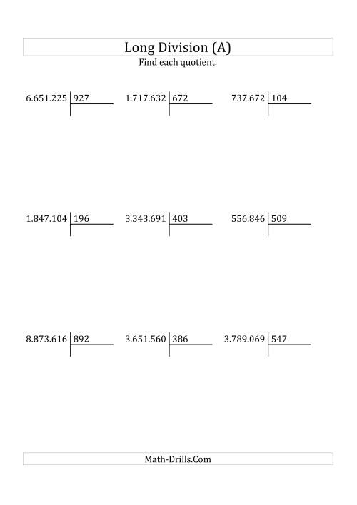 The European Long Division with a 3-Digit Divisor and a 4-Digit Quotient with No Remainders (A) Math Worksheet