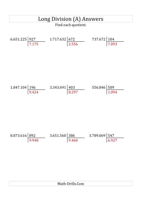 The European Long Division with a 3-Digit Divisor and a 4-Digit Quotient with No Remainders (A) Math Worksheet Page 2