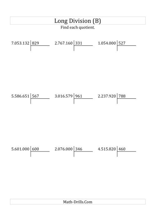 The European Long Division with a 3-Digit Divisor and a 4-Digit Quotient with No Remainders (B) Math Worksheet