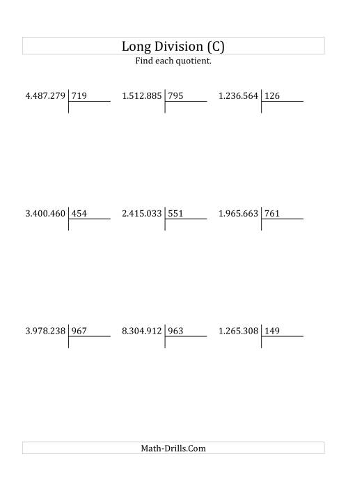 The European Long Division with a 3-Digit Divisor and a 4-Digit Quotient with No Remainders (C) Math Worksheet