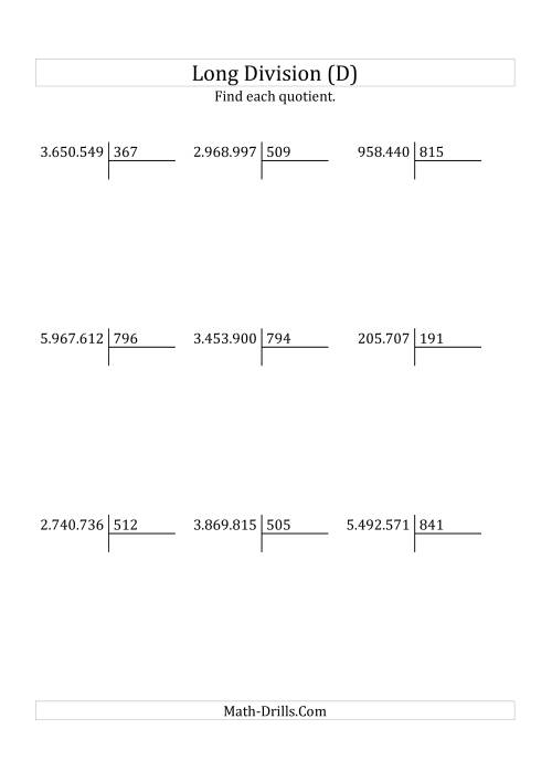 The European Long Division with a 3-Digit Divisor and a 4-Digit Quotient with No Remainders (D) Math Worksheet