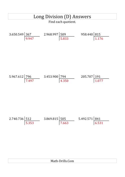 The European Long Division with a 3-Digit Divisor and a 4-Digit Quotient with No Remainders (D) Math Worksheet Page 2