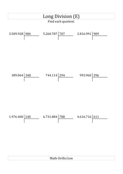 The European Long Division with a 3-Digit Divisor and a 4-Digit Quotient with No Remainders (E) Math Worksheet