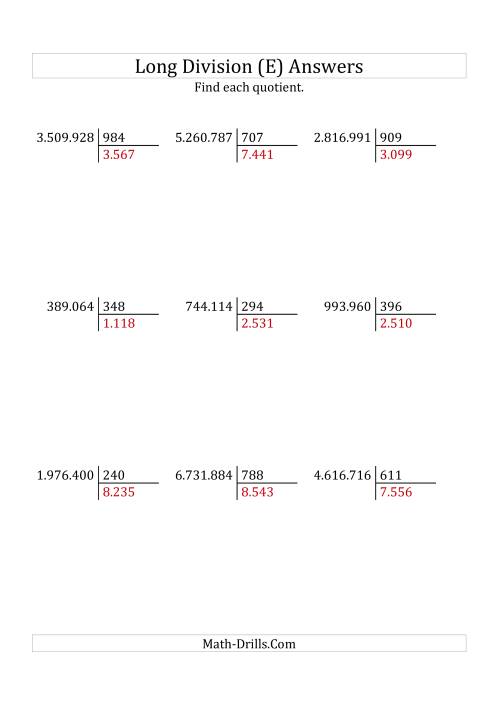 The European Long Division with a 3-Digit Divisor and a 4-Digit Quotient with No Remainders (E) Math Worksheet Page 2