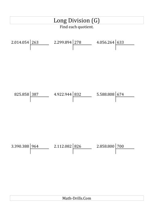 The European Long Division with a 3-Digit Divisor and a 4-Digit Quotient with No Remainders (G) Math Worksheet