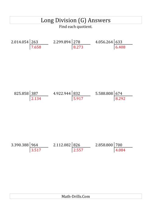 The European Long Division with a 3-Digit Divisor and a 4-Digit Quotient with No Remainders (G) Math Worksheet Page 2