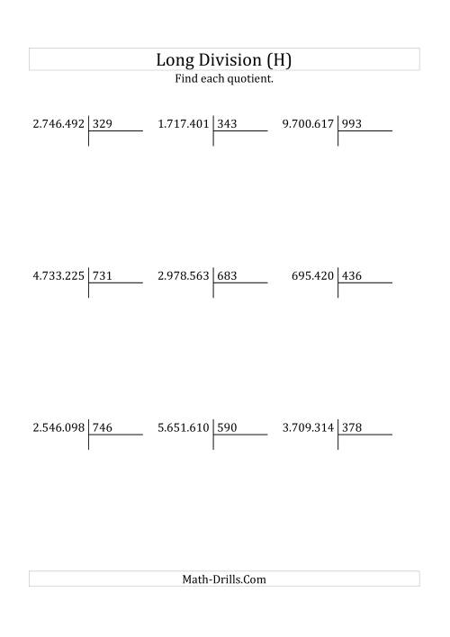The European Long Division with a 3-Digit Divisor and a 4-Digit Quotient with No Remainders (H) Math Worksheet