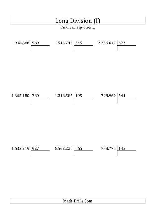 The European Long Division with a 3-Digit Divisor and a 4-Digit Quotient with No Remainders (I) Math Worksheet
