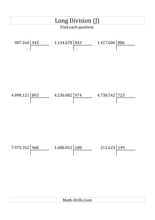 The European Long Division with a 3-Digit Divisor and a 4-Digit Quotient with No Remainders (J) Math Worksheet
