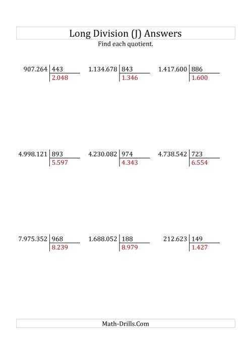 The European Long Division with a 3-Digit Divisor and a 4-Digit Quotient with No Remainders (J) Math Worksheet Page 2