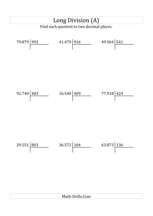 The European Long Division with a 3-Digit Divisor and a 5-Digit Dividend with Decimal Quotients (A) Math Worksheet