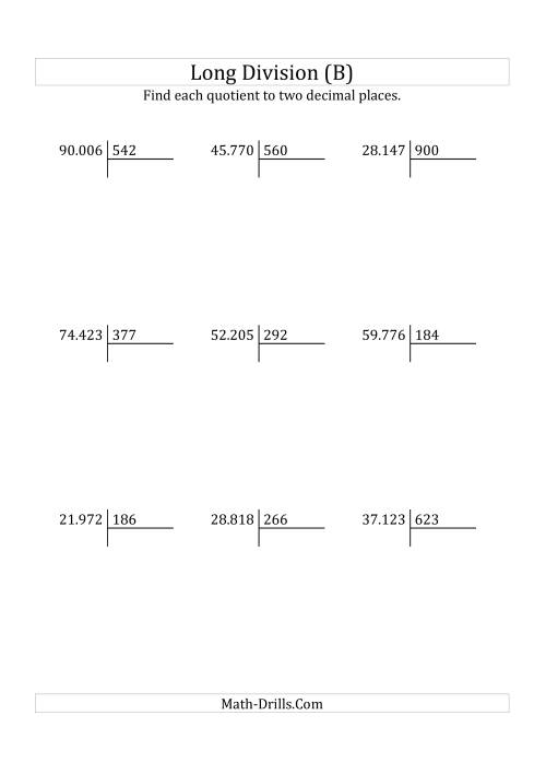 The European Long Division with a 3-Digit Divisor and a 5-Digit Dividend with Decimal Quotients (B) Math Worksheet