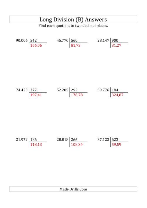 The European Long Division with a 3-Digit Divisor and a 5-Digit Dividend with Decimal Quotients (B) Math Worksheet Page 2