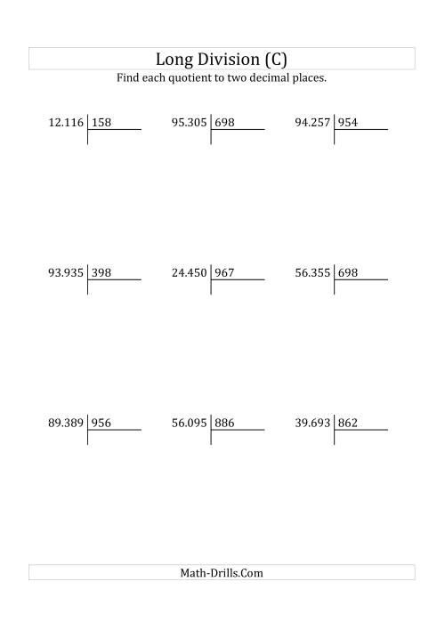 The European Long Division with a 3-Digit Divisor and a 5-Digit Dividend with Decimal Quotients (C) Math Worksheet