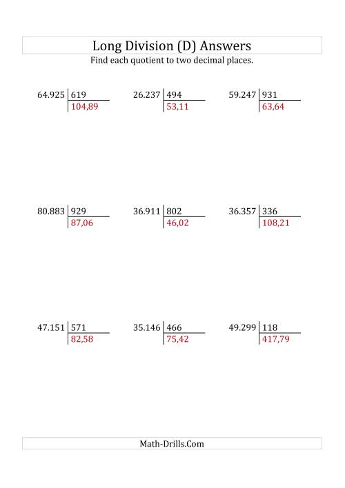 The European Long Division with a 3-Digit Divisor and a 5-Digit Dividend with Decimal Quotients (D) Math Worksheet Page 2