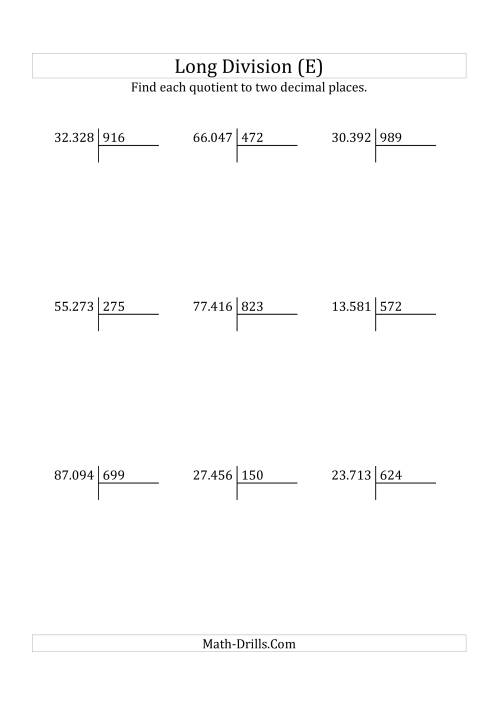 The European Long Division with a 3-Digit Divisor and a 5-Digit Dividend with Decimal Quotients (E) Math Worksheet