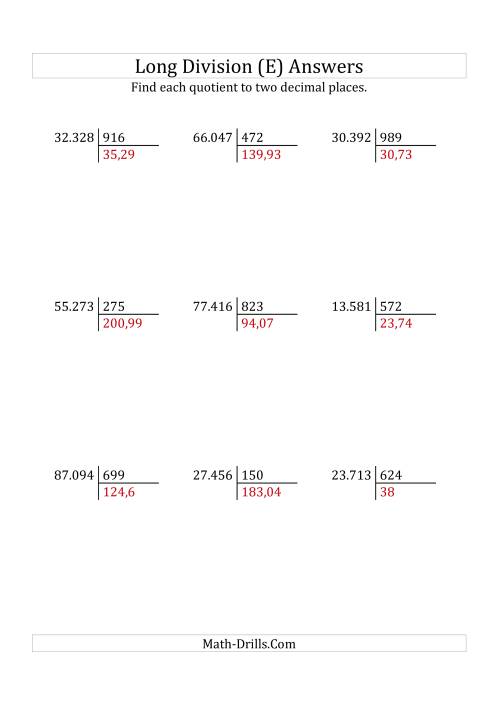 The European Long Division with a 3-Digit Divisor and a 5-Digit Dividend with Decimal Quotients (E) Math Worksheet Page 2