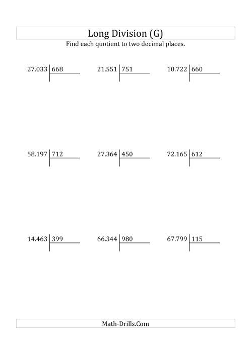 The European Long Division with a 3-Digit Divisor and a 5-Digit Dividend with Decimal Quotients (G) Math Worksheet