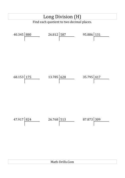 The European Long Division with a 3-Digit Divisor and a 5-Digit Dividend with Decimal Quotients (H) Math Worksheet