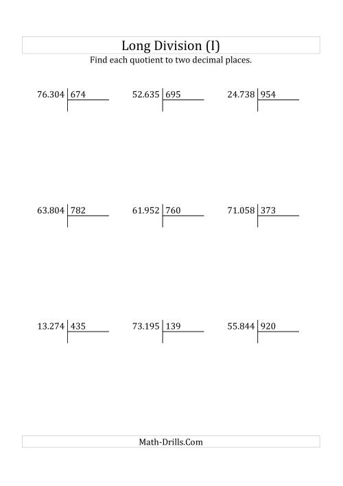 The European Long Division with a 3-Digit Divisor and a 5-Digit Dividend with Decimal Quotients (I) Math Worksheet