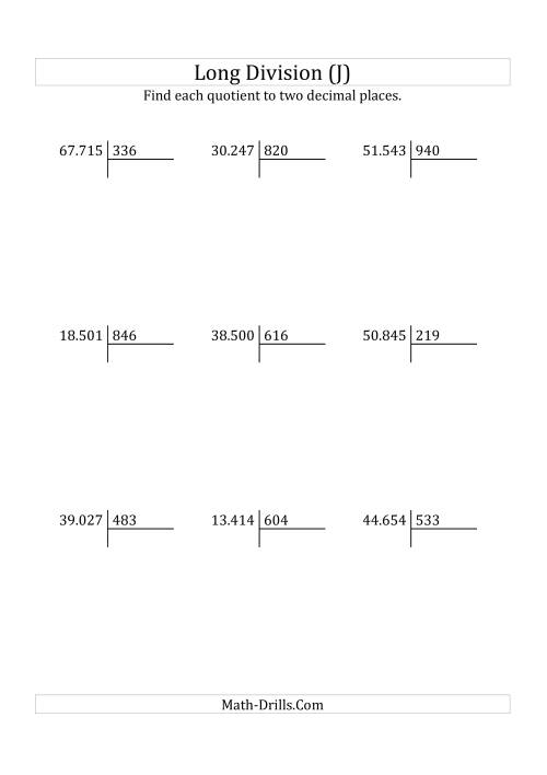 The European Long Division with a 3-Digit Divisor and a 5-Digit Dividend with Decimal Quotients (J) Math Worksheet
