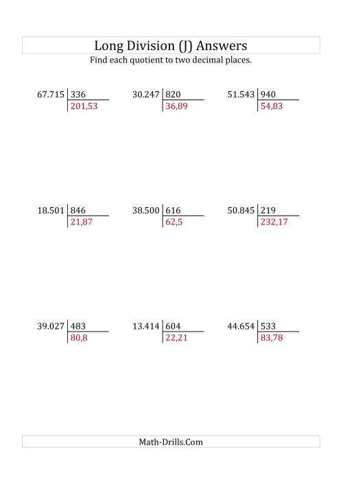The European Long Division with a 3-Digit Divisor and a 5-Digit Dividend with Decimal Quotients (J) Math Worksheet Page 2