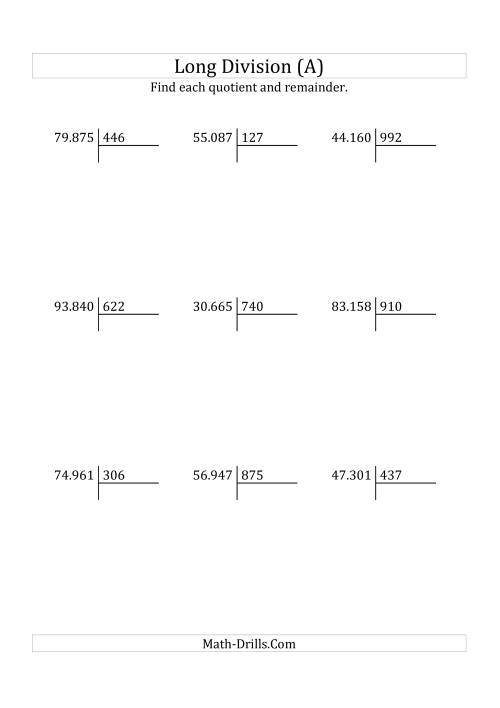 The European Long Division with a 3-Digit Divisor and a 5-Digit Dividend with Remainders (A) Math Worksheet