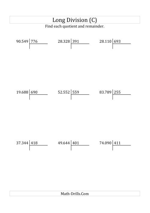 The European Long Division with a 3-Digit Divisor and a 5-Digit Dividend with Remainders (C) Math Worksheet
