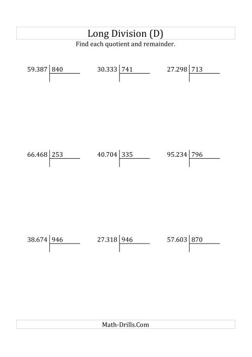 The European Long Division with a 3-Digit Divisor and a 5-Digit Dividend with Remainders (D) Math Worksheet