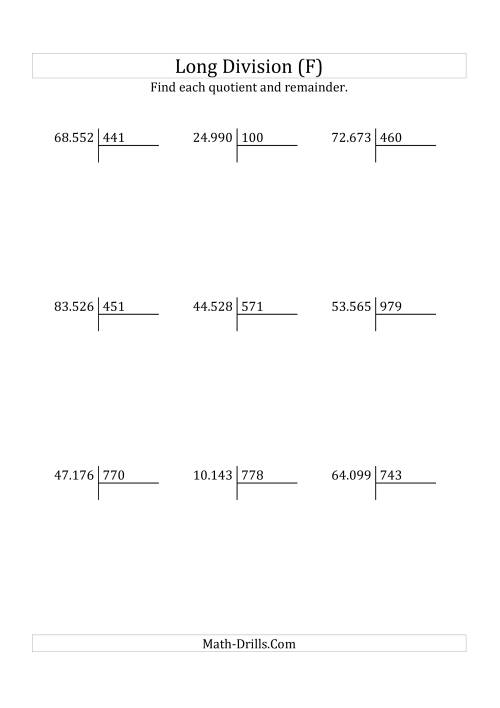 The European Long Division with a 3-Digit Divisor and a 5-Digit Dividend with Remainders (F) Math Worksheet